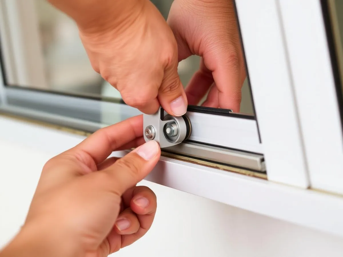 Mãos instalando uma roldana no trilho de uma janela